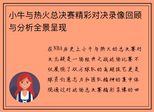 小牛与热火总决赛精彩对决录像回顾与分析全景呈现